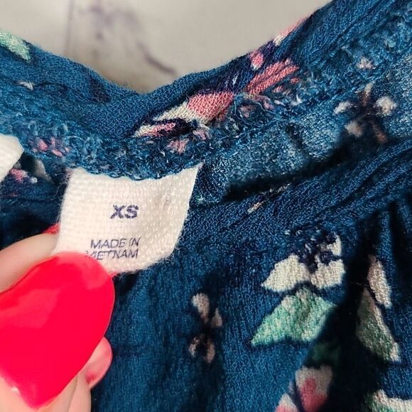 Gap Women's XS Teal Floral Ruffle Peasant Top Lightweight Frilly Blouse Shirt - Picture 5 of 8